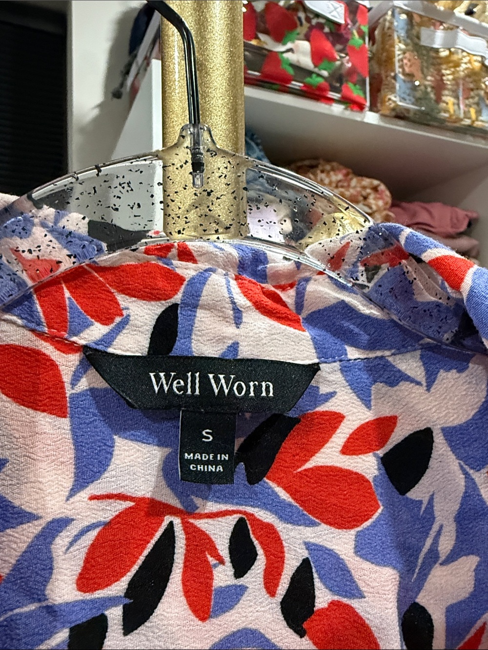 Well Worn Red Blue White Long-Sleeve Tie-Waist Shirt Dress Buttons pockets Small - Picture 4 of 8